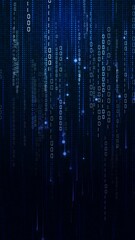 Numbers and bright particles move on a dark blue background. Lines and pixel points. Binary code. Looped. Vertical video.