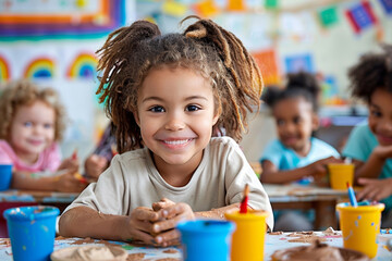 In a primary school classroom, diverse children enjoy an educational art lesson together, smiling and painting.