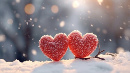 Sticker - Two handmade hearts in winter with snow.AI generated image