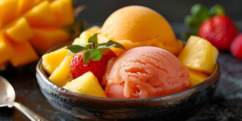 Wall Mural - Vibrant Vegan Fruit Sorbet in a Ceramic Bowl with Mango, Strawberry, and Pineapple. Concept Food Photography, Vegan Desserts, Colorful Fruits, Ceramic Bowls