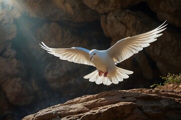 A white dove flew into a stone cave Religion Christian.generative.ai