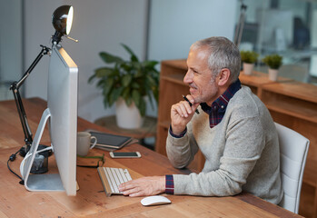 Aufkleber - Business, professional and mature man with computer at desk for reading report, email update or online project. Night, management and consultant for planning, information or networking in office