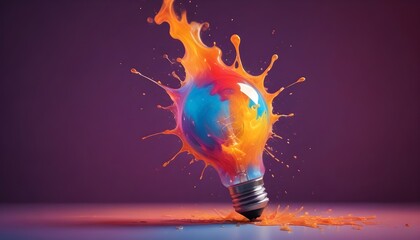 Artistic thought backgrounds: A lightbulb erupts with vibrant paint splashes and sparks.