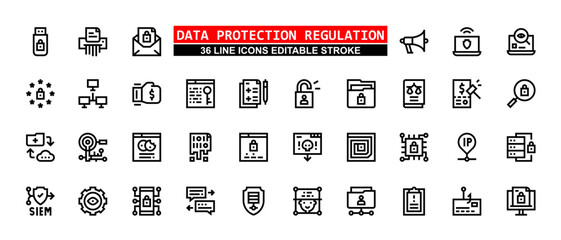 36 Data Protection Regulation Line Icons Set Pack Editable Stroke Vector Illustration.