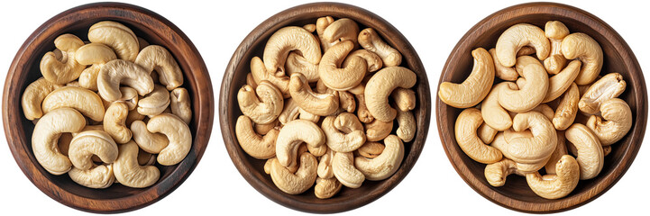 set of cashews in brown wooden bowl, cut out