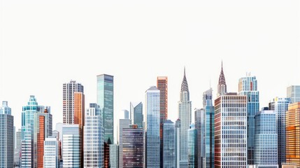  Modern City Skyline with Vibrant Skyscrapers Isolated on White Background. Generative ai