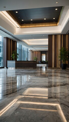 Wall Mural - Sophisticated Welcome, Enter a Modern Commercial Lobby with a Sparkling Marble Floor, Boasting Clean and Shiny Tiles that Define Office and Hall Interior