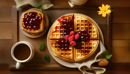 Wall Mural - A wooden table of Belgian waffles with jam and coffee, surrounded by rustic kitchen items
