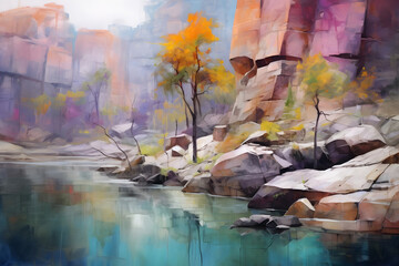 hopeful river beside rocky outcrop. abstract landscape art, painting background, wallpaper