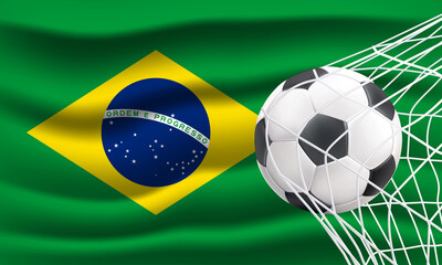 Wall Mural - Football Goal inside the net, Brazil flag theme, football goal with net, Brazil flag waves pattern