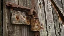 Old Barn, Rusty Padlock And Metal Hinge Close-up, Detailed Texture, Overcast Day 
