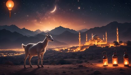 Eid ul adha mubarak theme a goat is standing with a lot of islamic lantern lights in different colours around it behind beautiful view of mosque view and dark night with stars along eid celebrations 