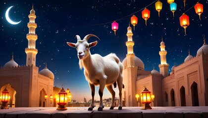 Eid ul adha mubarak theme a goat is standing with a lot of islamic lantern lights in different colours around it behind beautiful view of mosque view and dark night with stars along eid celebrations 