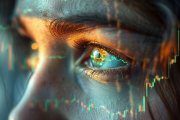 Woman's eye superimposed with stock market data, detailed visualization of financial trends reflected in pupil; symbolizes insight, foresight in stock investments and detailed market analysis.