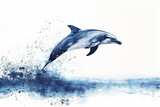 Fototapeta Sypialnia - Generative AI watercolor illustration of a dolphin jumping out of the water in the ocean o a white background.