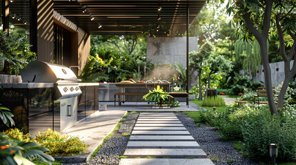 Wall Mural - A sleek stainless steel barbecue grill stationed just outside the kitchen, ready for outdoor cooking adventures.