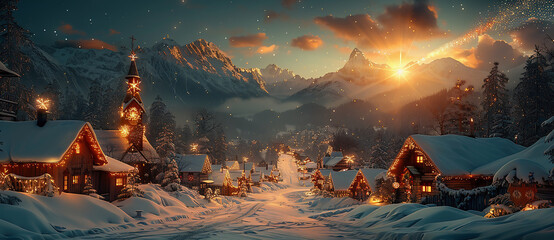 Star of Bethlehem with comet tail over a village in the mountains in winter with Christmas decor. Christmas holidays