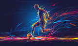 Fototapeta  - Abstract soccer player running with the soccer ball. Splash of watercolors.