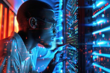 side view of professional software developer coding program or engineering prompt. skilled programme
