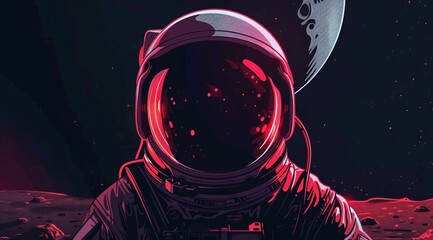 Wall Mural - Cartoon background of an astronaut in space suit with the Moon behind him.