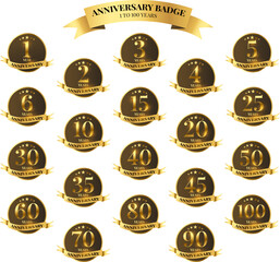 Anniversary badge logo set. 10, 15, 20, 25, 30, 35, 40, 45, 50, 60, 70, 80, 90, 100 years, anniversary golden emblem. Celebration design element.