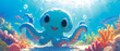 A baby octopus peeking out from behind a coral reef, tentacles curling. cute animal cartoon banner wallpaper