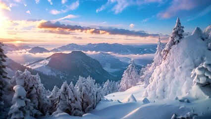 Sticker - Behold the breathtaking sight of a snow-covered mountain against a stunning sunset backdrop, A mountainous winter wonderland captured in panoramic view