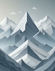 Wall Mural - A simple mountain range with geometric shapes for mountains, each layer in a different shade of cool gray, topped with minimalist snowy caps