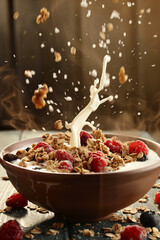 Wall Mural - Milk pouring in bowl of healthy breakfast crunchy Granola Cereals with stawberry , blueberry vegan food