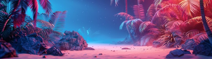 Wall Mural - A tropical beach scene with palm trees and rocks