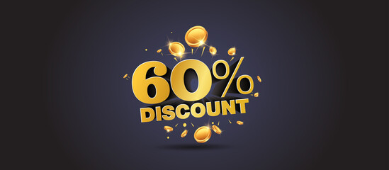 Sticker - 60% off discount 3d typography, sale, offer, deal, on shopping logo design with coin, money and wealth.