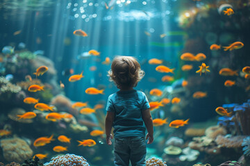 Wall Mural - A boy stands in awe, exploring underwater wildlife in the aquarium, fueled by curiosity and wonder.