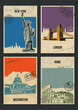 World Showplaces Postcard Set. New York, London, Washington, Rome Sight Retro Cards Style Illustrations. Statue of Liberty, Tower Bridge, Capitol, Colosseum. Vintage Colors, Old Paper Texture 