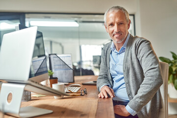 Mature man, portrait and CEO at desk, computer and check email at desk for communication. Person, entrepreneur and owner of finance firm at workplace, accounting app and website for economy update