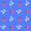 Ladybugs and leaves isolated on a blue background. Seamless pattern. Flat style. Background for cover, textile, dishes, interior decor.