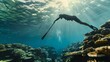 a skilled spearfisherman diving beneath the surface of crystal-clear waters, hunting with precision and focus among vibrant coral reefs teeming with marine life