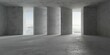 Abstract empty, modern concrete room with pillar row in the back opening and cloudy mountain view - industrial interior background template