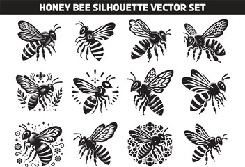 Wall Mural - Honey Bee Silhouette Vector Illustration Set