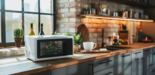 A microwave oven is on a wooden countertop in a kitchen
