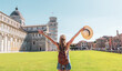 Happy tourist girl in Pisa city -Italy, Pisa tower