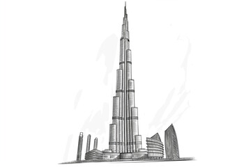 Black and white line drawing illustration of Burj Khalifa, the world's tallest building, in Dubai, UAE