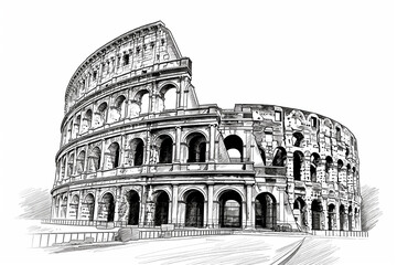 Canvas Print - Black and white line drawing illustration of Colosseum in Rome, Italy. one of the seven wonders of the ancient world
