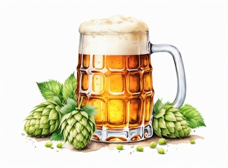 Wall Mural - Drawing of a full beer glass and hop cones on a white background