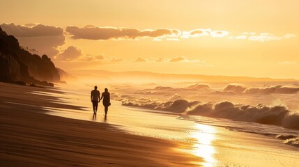 Wall Mural - Couple having a romantic walk along a beach at sunset, warm tones all around