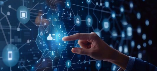 A businessman uses his finger to touch the digital screen for biometric access, while an avatar of cloud technology and security icons appears on it