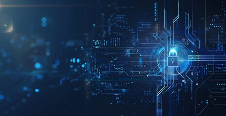 A dark blue background with digital elements symbolizing cyber security and data protection, such as a padlock or circuit board