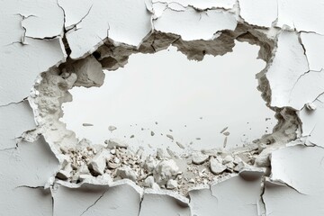 Wall Mural - A large hole in a wall with rubble and debris