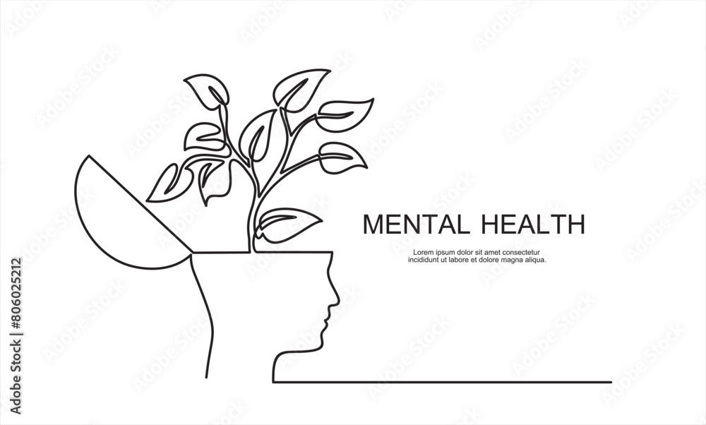One continuous line drawing of human head with plant inside. Mental ...