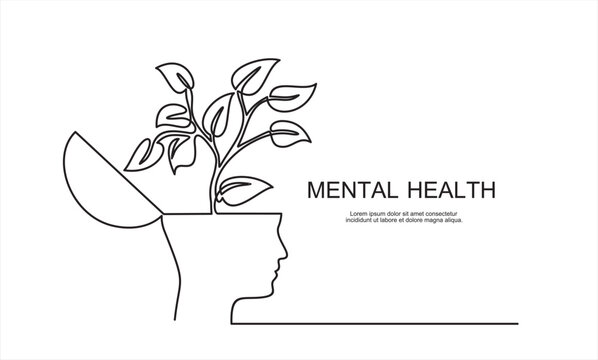 one continuous line drawing of human head with plant inside. mental health and psychology vector con