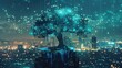 © suphakphen - abstract background, illustration of beautiful glowing tree growing on cities representing digital technology in studio.